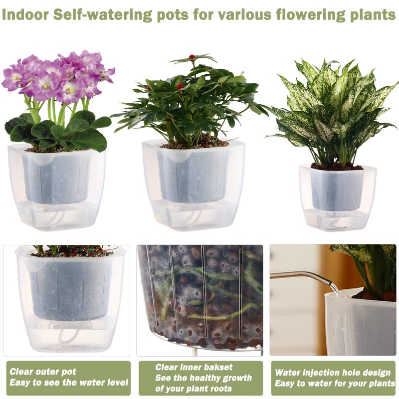 Planterhoma 6-Pack 7 Inches Clear Self Watering Planters for Indoor Plants Large African Violet Plant Pots Plastic Wick Flower Pots with Water Injection Hole, Orchid Plant Pot Set, Clear - Image 3