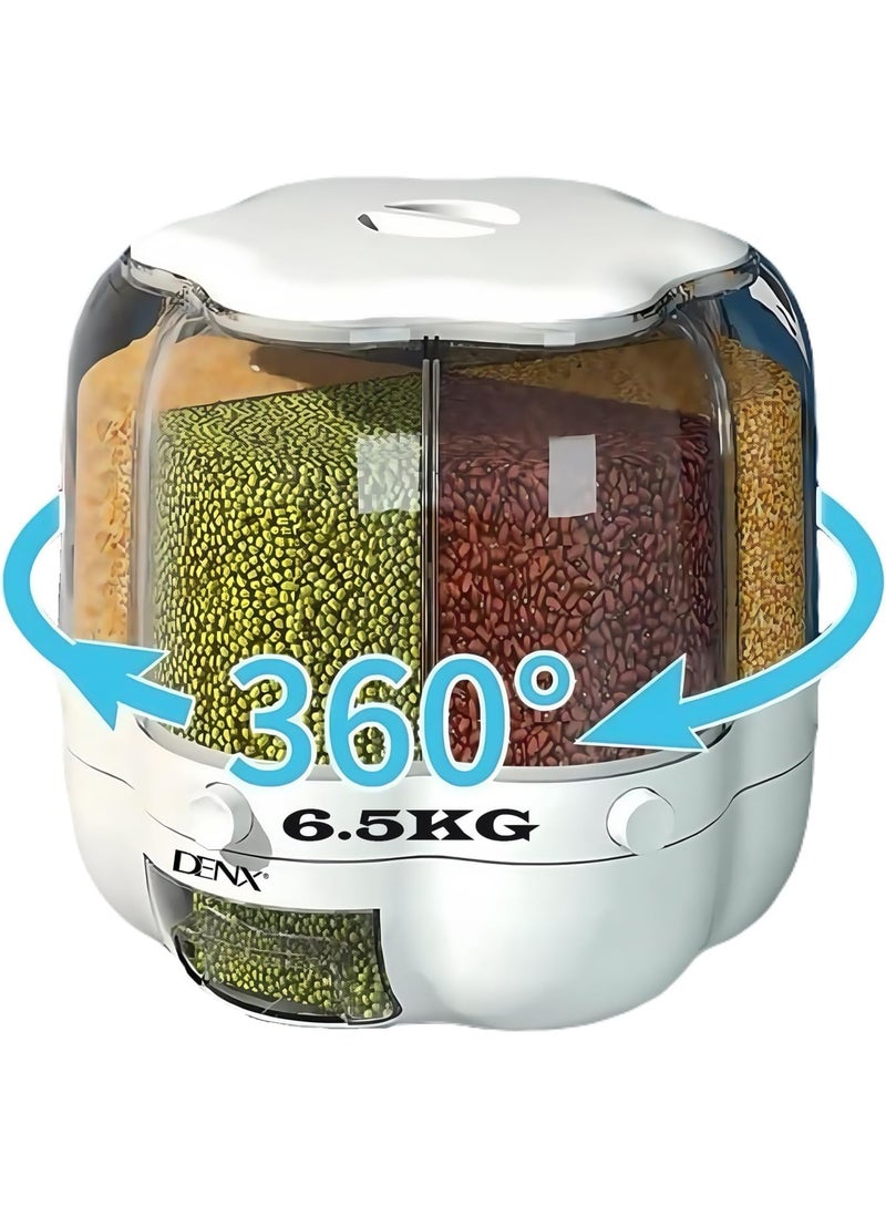 دينكس دلو تخزين حبوب متعدد الوظائف دوار بسعة 6.5 كجم، حاوية طعام جاف بستة أقسام، دوران 360 درجة، تصميم شفاف، تخزين مقاوم للرطوبة للأرز والحبوب والمكسرات والمعكرونة، DX2083 - Image 1
