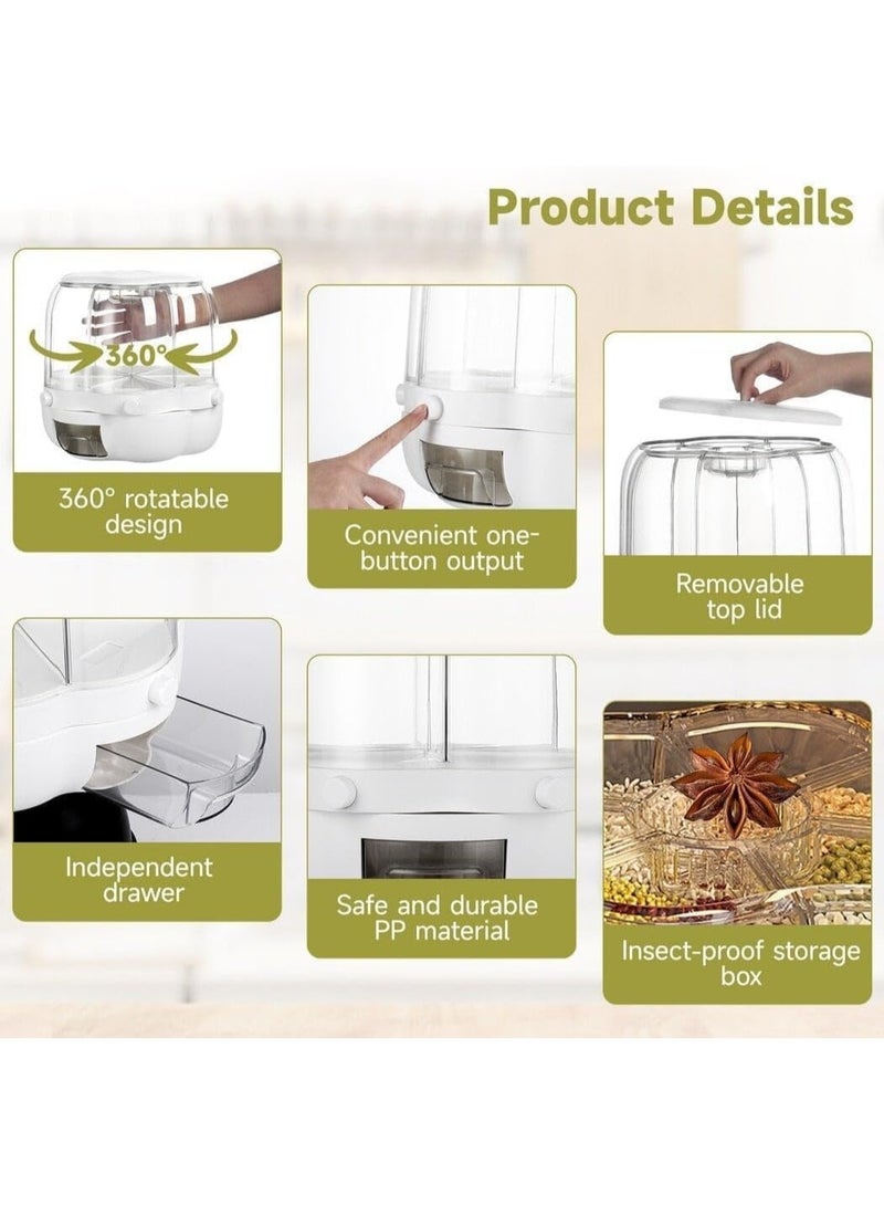 دينكس دلو تخزين حبوب متعدد الوظائف دوار بسعة 6.5 كجم، حاوية طعام جاف بستة أقسام، دوران 360 درجة، تصميم شفاف، تخزين مقاوم للرطوبة للأرز والحبوب والمكسرات والمعكرونة، DX2083 - Image 3