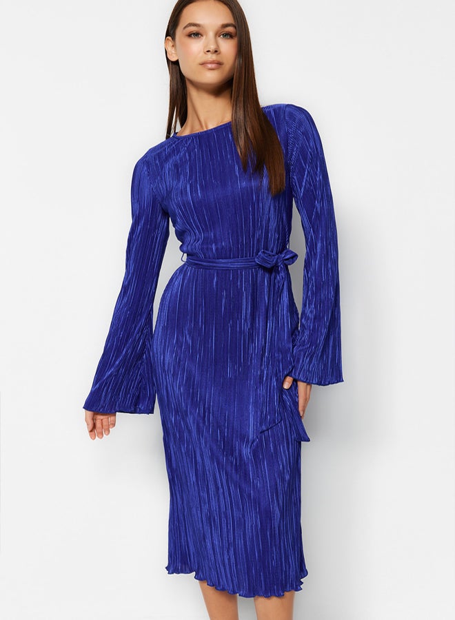 trendyol Navy Blue Premium Pleated Fabric Flare Sleeve Detailed A-Line Midi Knitted Dress - Image 1