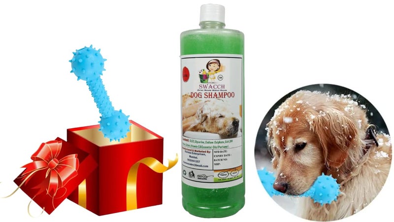 swacch Dog Shampoo + Dumbbell Toy I Durable Rubber Dog Toy for Chewing I Playing,Teeth Cleaning & Training Toy I Combo Pack I 1 Litre Neem Alovera - Image 1