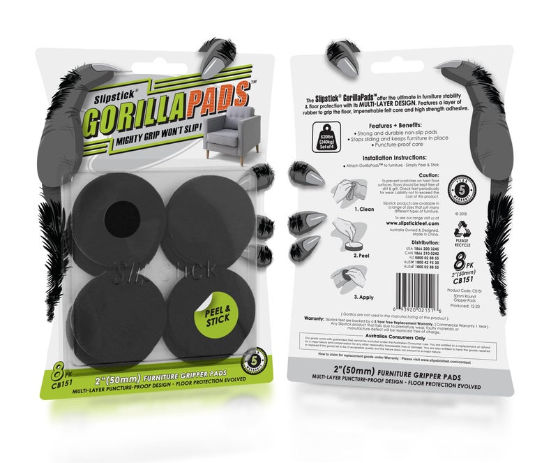 Slipstick GorillaPads Non Slip Furniture Pads/Gripper Floor Protectors (Set of 8) 2 Inch Round Self Adhesive Rubber Stoppers for Furniture Legs, CB151 - Image 4