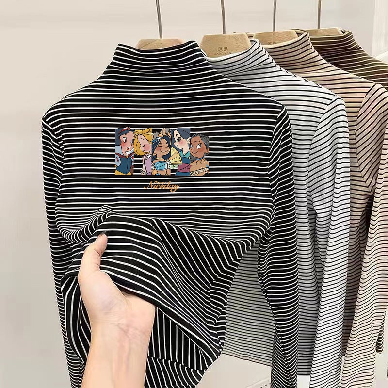 Children's Long-sleeved Double-sided Fleece Half-high Collar Base Shirt Autumn and Winter New Style Thick Fleece Girls' Striped Inner Warming - Image 3