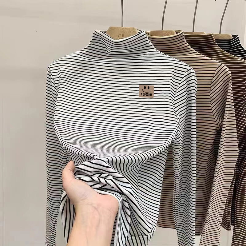 Children's Long-sleeved Double-sided Fleece Half-high Collar Base Shirt Autumn and Winter New Style Thick Fleece Girls' Striped Inner Warming - Image 5