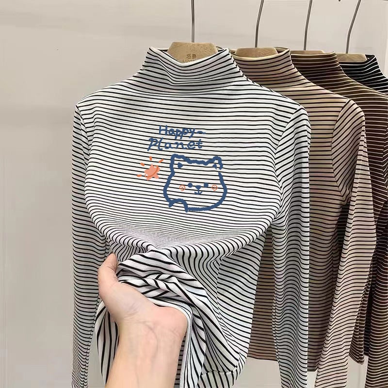 Children's Long-sleeved Double-sided Fleece Half-high Collar Base Shirt Autumn and Winter New Style Thick Fleece Girls' Striped Inner Warming - Image 2