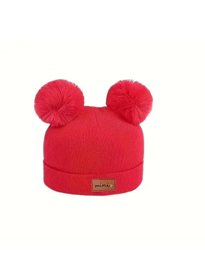 Red Fleece Lined Beanie Winter Hat With Balls For 0 3 Years Old Toddlers - Image 1