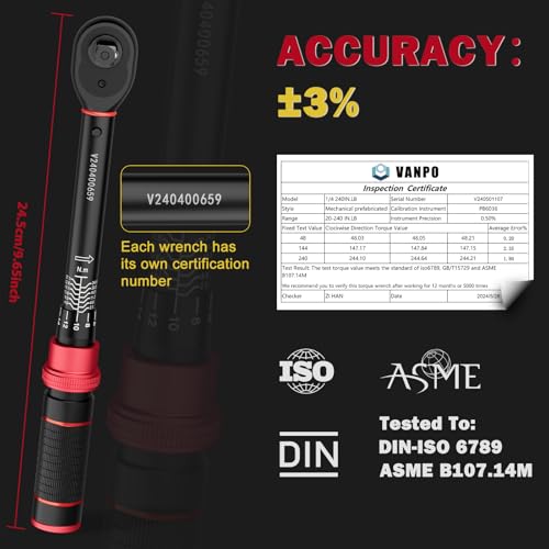 VANPO 1/4-inch Drive Click Torque Wrench, 20-240 in. lb/2.3-27.1 Nm, Inch Pound Torque Wrench Set with 1/4" to 3/8" Adapter, 10cm Extension Bar, Small Bike Torque Wrench for MTB, Bicycle Maintenance - Image 3