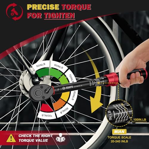 VANPO 1/4-inch Drive Click Torque Wrench, 20-240 in. lb/2.3-27.1 Nm, Inch Pound Torque Wrench Set with 1/4" to 3/8" Adapter, 10cm Extension Bar, Small Bike Torque Wrench for MTB, Bicycle Maintenance - Image 5