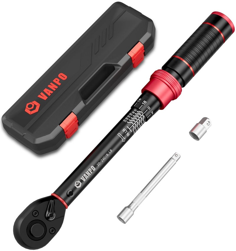 VANPO 1/4-inch Drive Click Torque Wrench, 20-240 in. lb/2.3-27.1 Nm, Inch Pound Torque Wrench Set with 1/4" to 3/8" Adapter, 10cm Extension Bar, Small Bike Torque Wrench for MTB, Bicycle Maintenance - Image 1