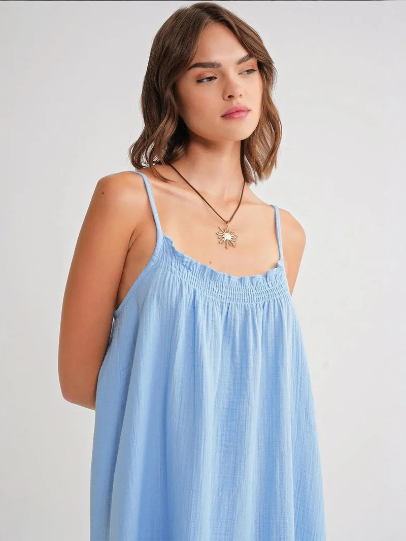 MixRay Baby Blue Mixray Midi Muslin Dress with Ruffle Detail for Women | Best Price UAE
