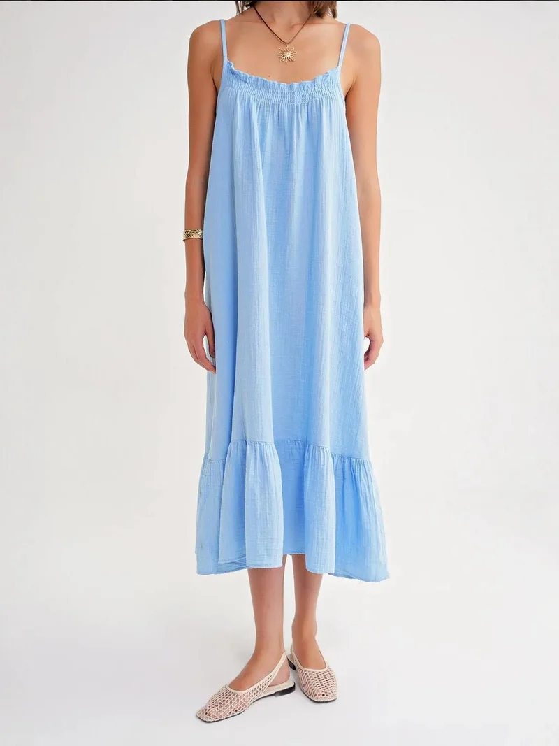 MixRay Baby Blue Mixray Midi Muslin Dress with Ruffle Detail for Women | Best Price UAE