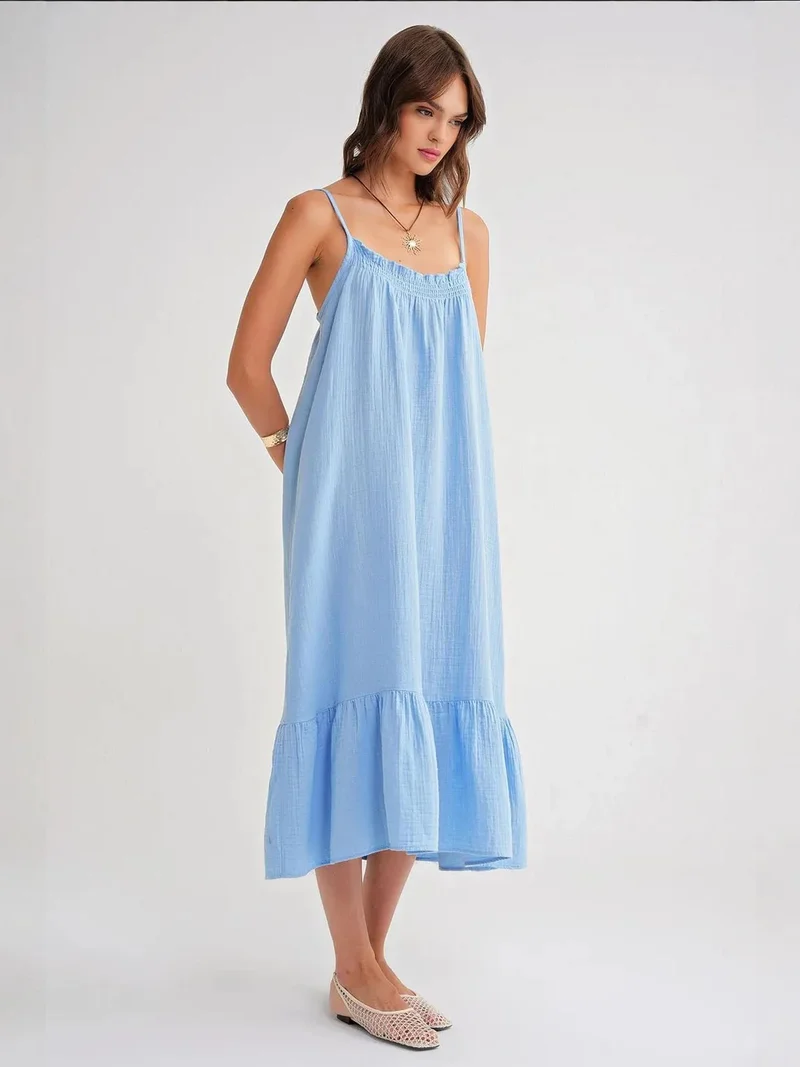 MixRay Baby Blue Mixray Midi Muslin Dress with Ruffle Detail for Women | Best Price UAE