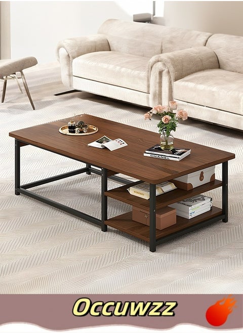 Coffee table with 2-layer storage rack simple modern wooden appearance metal frame coffee table suitable for living room office reception hall