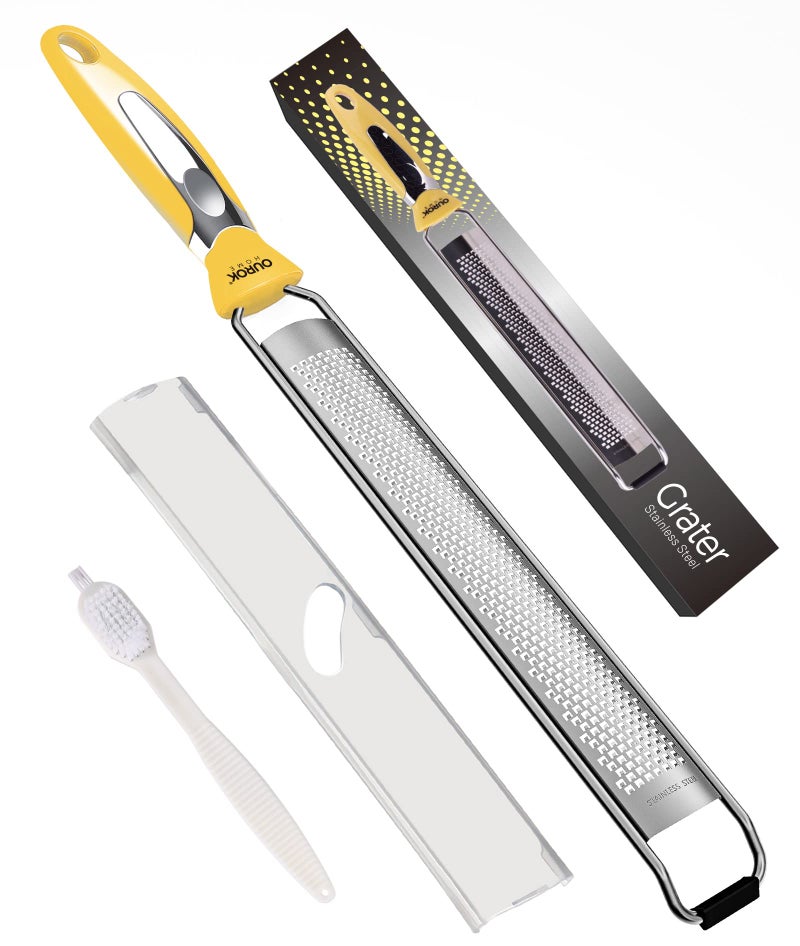 Ourokhome Kitchen Lemon Zester Stainless Steel Hand Held Parmesan Cheese Grater for Ginger Chocolate Coconut Lime Nutmeg Citrus Fruit Vegetable with Cleaning Brush Dishwasher safe Yellow
