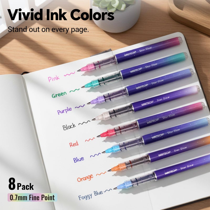 WRITECH Liquid Ink Rollerball Pens: 8ct Assorted Colors Fine Point Tip 0.7mm Roller Ball Rolling Pen for Smooth Writing Coloring Drawing Journaling No Bleed & Smear &Smudge Multi Colored - Image 2