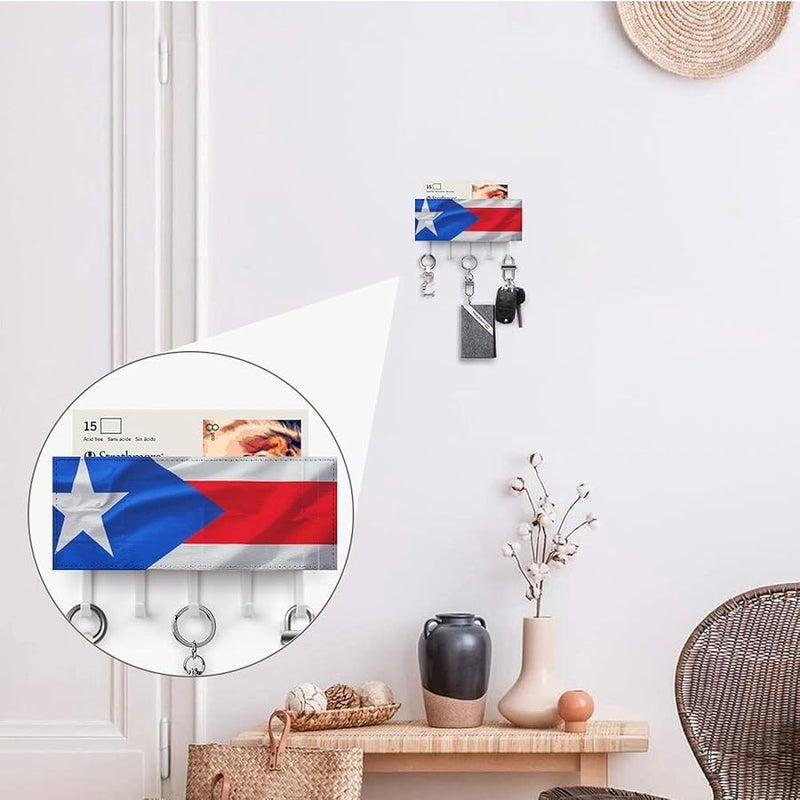 حامل مفتاح بورتوريكو العلمي مثبت على الحائط مع 5 خطافات منظف رف المفاتيح الجلدي - Image 5