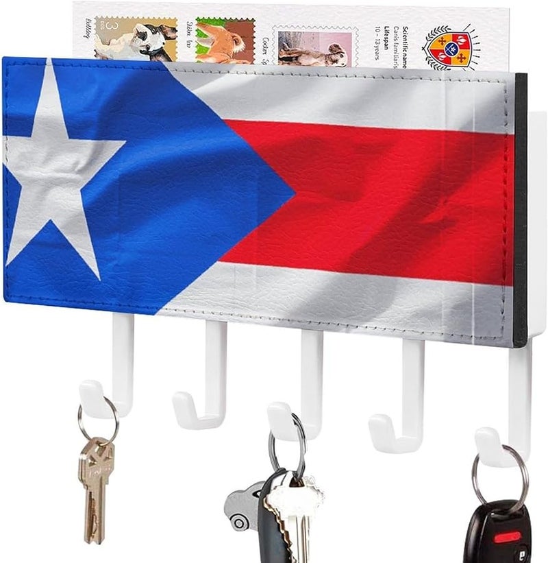 حامل مفتاح بورتوريكو العلمي مثبت على الحائط مع 5 خطافات منظف رف المفاتيح الجلدي - Image 1