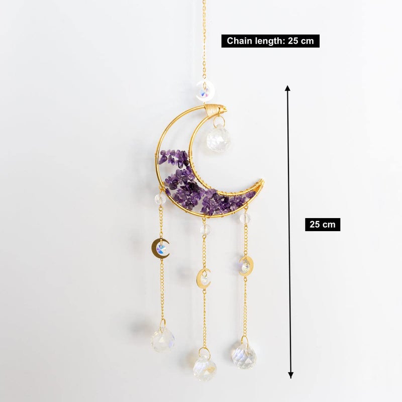 Crystal Moon Crescent Suncatcher - Window, Garden, Balcony, Boho Decorative Accessory (Amethyst)