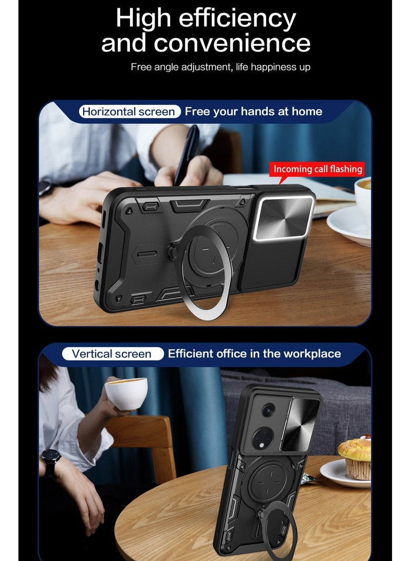 TEAM LUXURY OPPO Reno 8T 5G Black Mobile Phone Case Cover, Slide Camera Lens Cover, 360°Rotating Kickstand Ring, Bumper Shockproof Phone Case，Compatible with Car Magnetic Mount  - Image 5