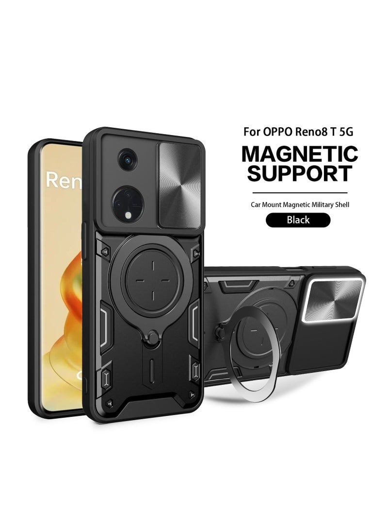 TEAM LUXURY OPPO Reno 8T 5G Black Mobile Phone Case Cover, Slide Camera Lens Cover, 360°Rotating Kickstand Ring, Bumper Shockproof Phone Case，Compatible with Car Magnetic Mount  - Image 1