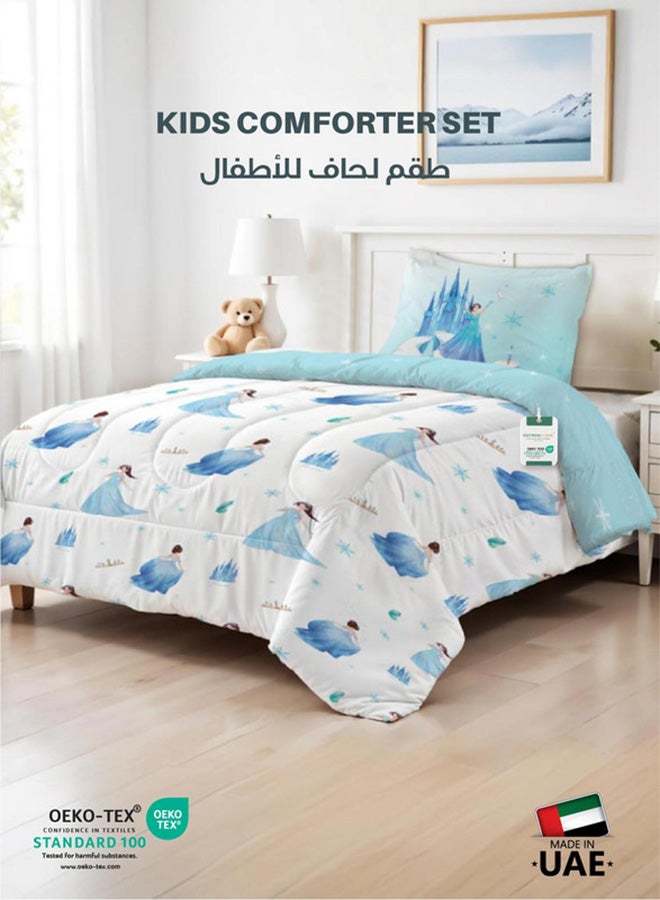 Cotton home طقم لحاف أطفال مكون من 3 قطع من القطن الفاخر يشمل، 1 قطعة لحاف 135x220 سم، 1 قطعة ملاءة مشدودة 90x200 سم، و1 قطعة غطاء وسادة 50x75+5 سم، أميرة الثلج - Image 1