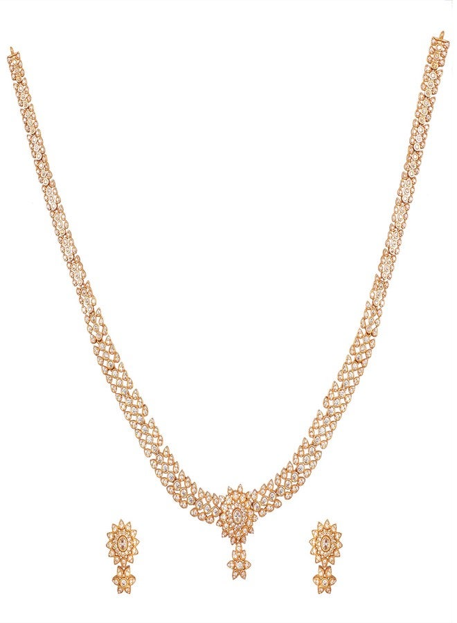 TARINIKA Gold Plated Brass Antique Long Necklace Set with Jhumki Earrings, Cubic Zirconia Stones, Traditional Indian Jewelry for Women Pearl Fashion Temple Jewellery (Neeta Antique(White)) - Image 1