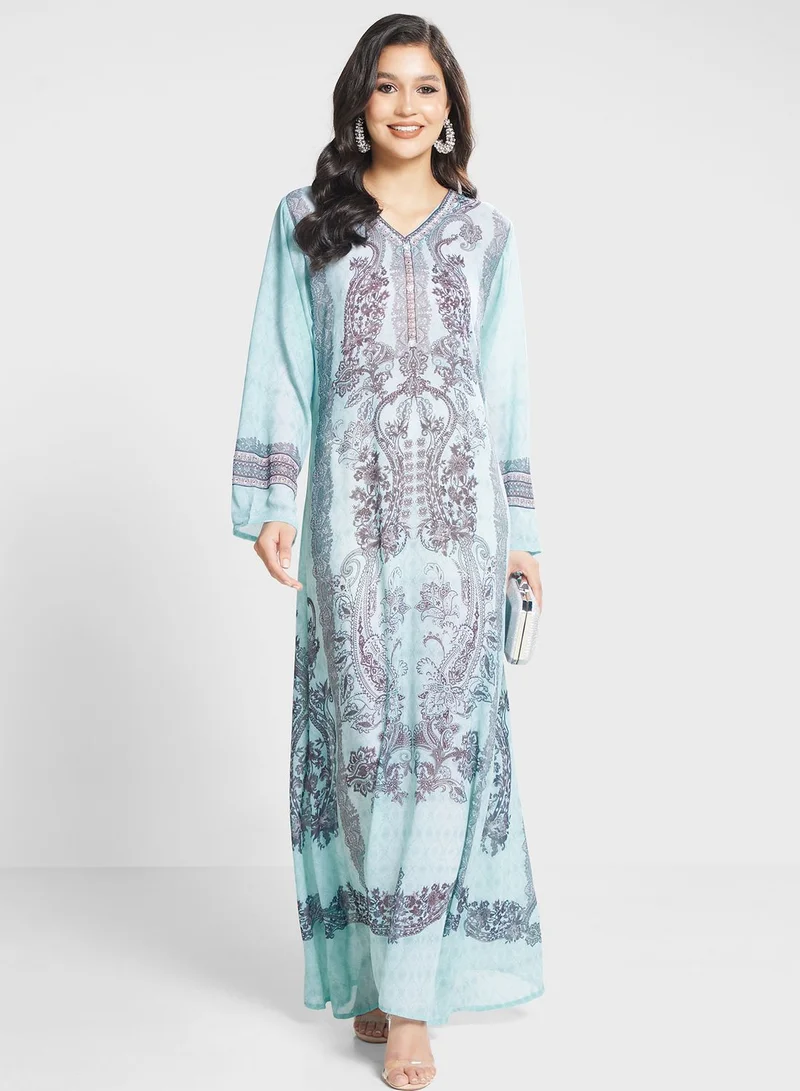 Biba V-Neck Floral Printed Jalabiya