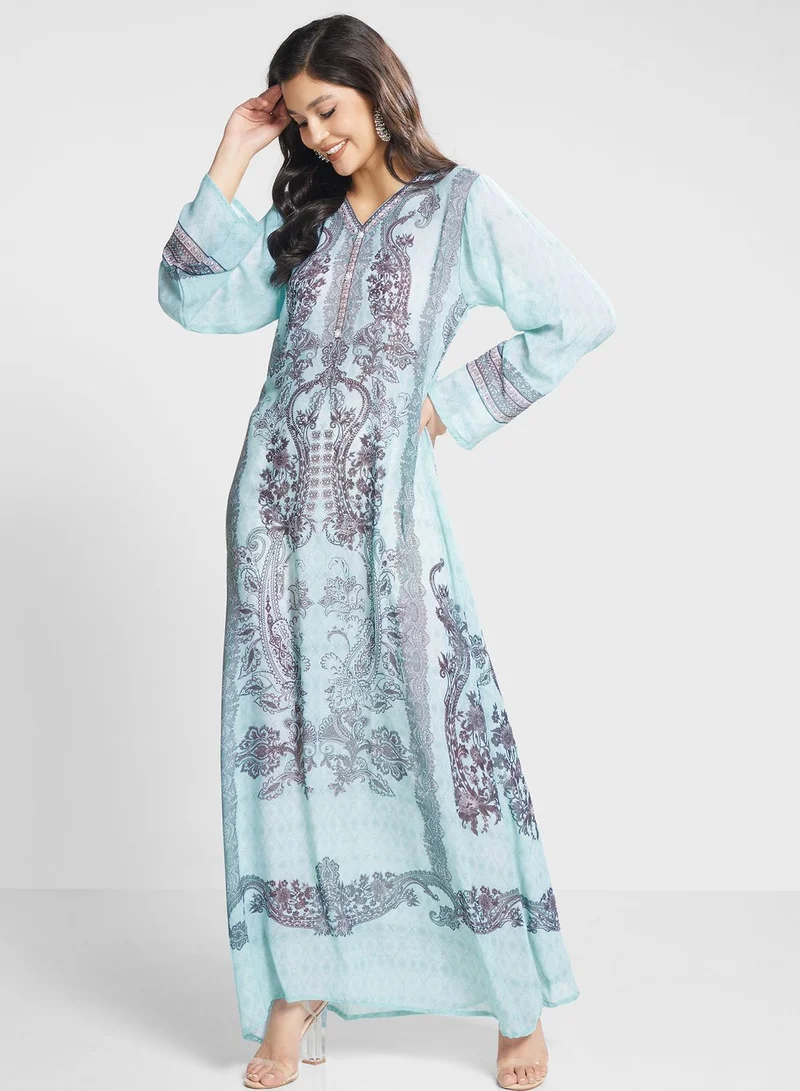 Biba V-Neck Floral Printed Jalabiya