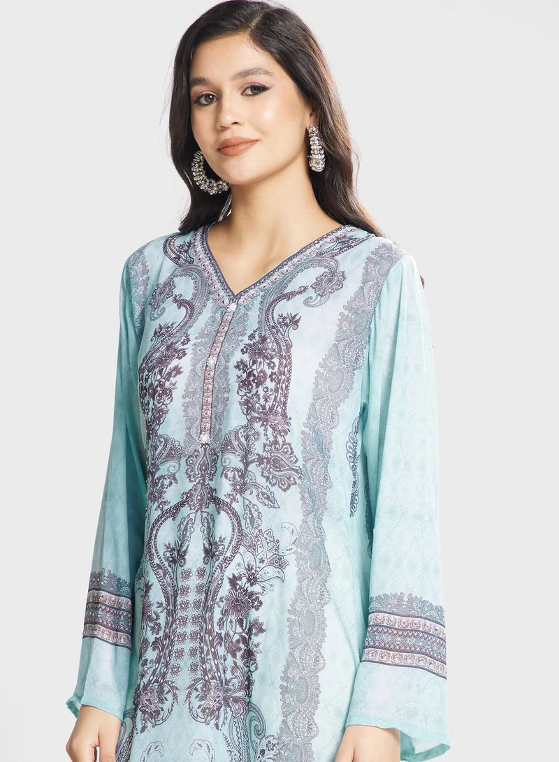 Biba V-Neck Floral Printed Jalabiya