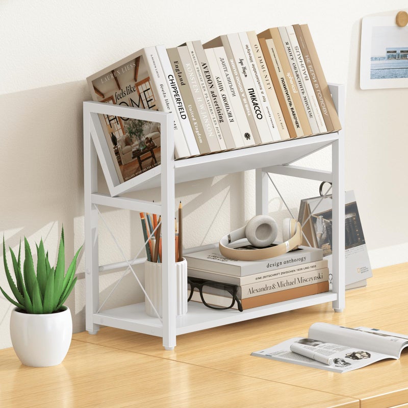 ELITEROO Desktop Bookshelf Organizer, 2 Tier Wood Desk Shelf for Tabletop Storage, Small Book Rack for Office, Home, or Study, Mini Bookcase for Book Display, Decor, and Supplies, White - Image 2