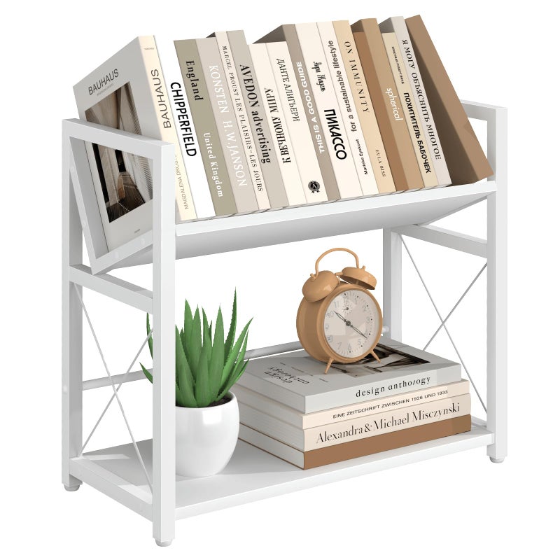 ELITEROO Desktop Bookshelf Organizer, 2 Tier Wood Desk Shelf for Tabletop Storage, Small Book Rack for Office, Home, or Study, Mini Bookcase for Book Display, Decor, and Supplies, White - Image 1