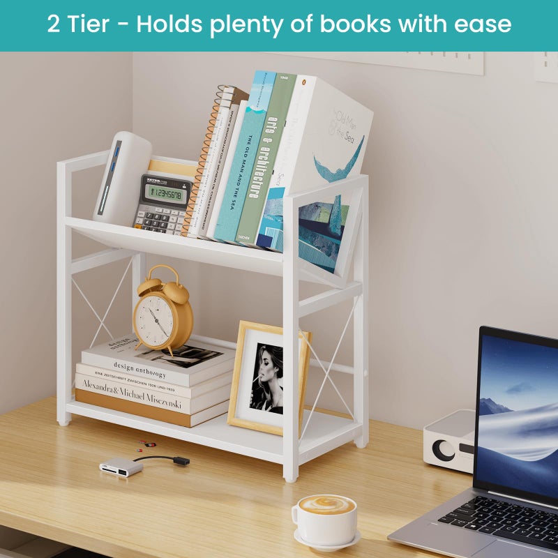 ELITEROO Desktop Bookshelf Organizer, 2 Tier Wood Desk Shelf for Tabletop Storage, Small Book Rack for Office, Home, or Study, Mini Bookcase for Book Display, Decor, and Supplies, White - Image 4