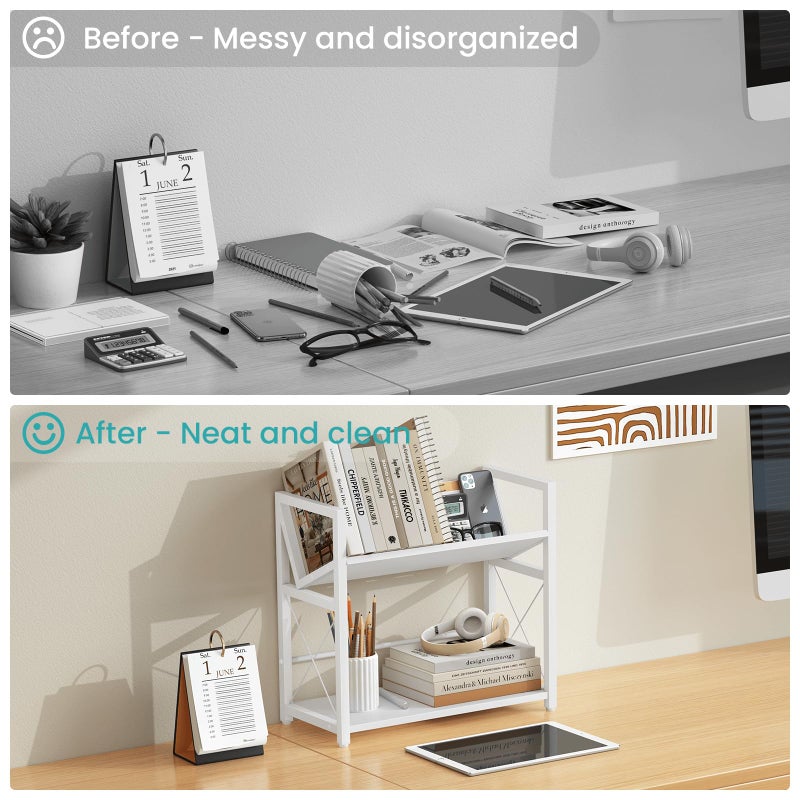 ELITEROO Desktop Bookshelf Organizer, 2 Tier Wood Desk Shelf for Tabletop Storage, Small Book Rack for Office, Home, or Study, Mini Bookcase for Book Display, Decor, and Supplies, White - Image 5