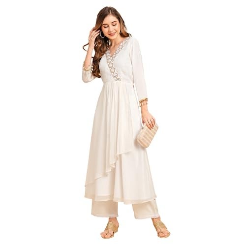 RATAN Women's Georgette Lurex Layered Ethnic Wear Regular Fit Kurta (Snw-7506-3Xl_White) - Image 1