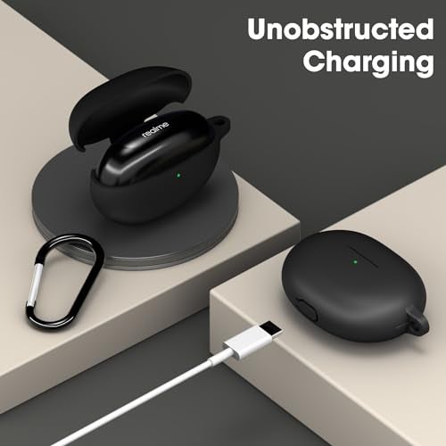 Sounce Silicone Case Cover for Realme Buds Air 5 Pro, Portable Non-Slip Grip & Scratch-Resistant Protector with Carabiner Clip Full Protection Water Resistant, Shockproof Cover - Black - Image 2