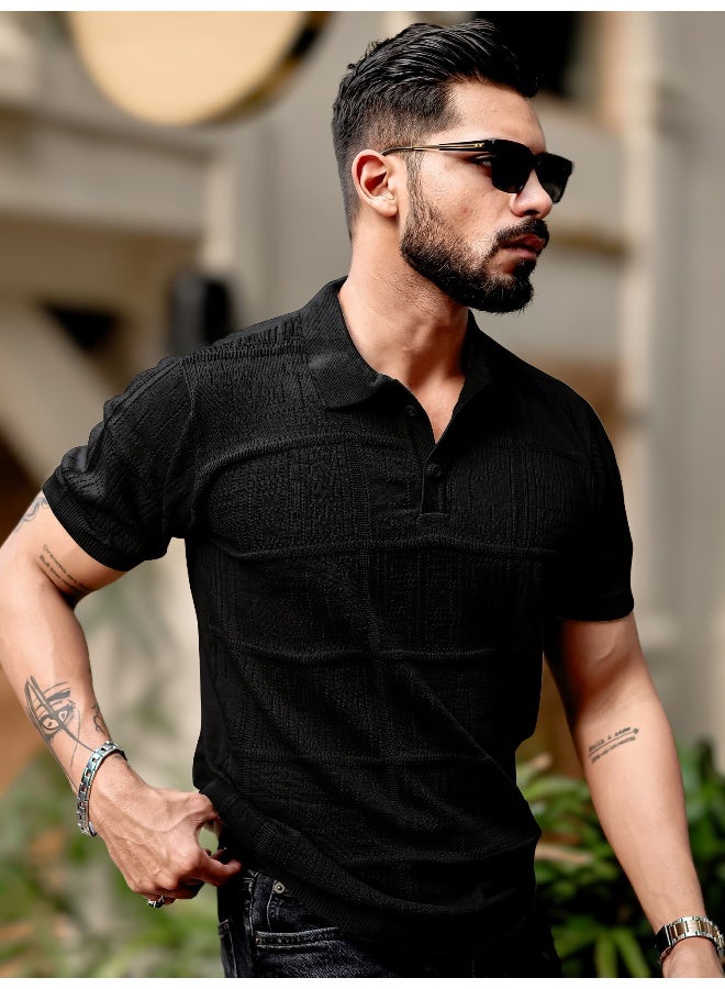 Maniac Maniac Mens Half Sleeve Black PointNet Flat Knit Cotton Polo T-Shirt  - Image 2