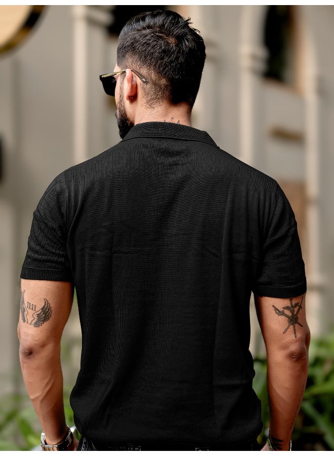 Maniac Maniac Mens Half Sleeve Black PointNet Flat Knit Cotton Polo T-Shirt  - Image 3