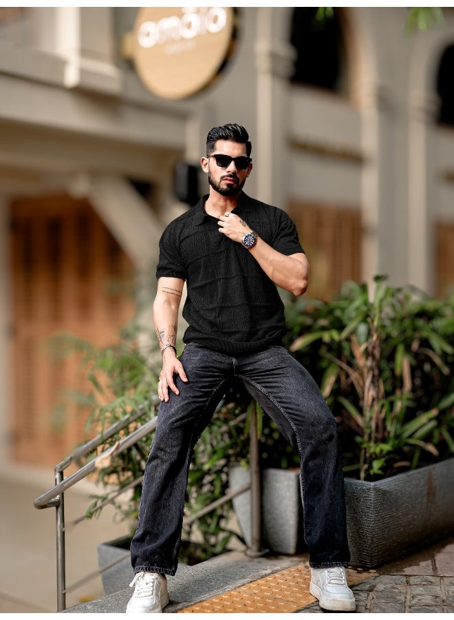 Maniac Maniac Mens Half Sleeve Black PointNet Flat Knit Cotton Polo T-Shirt  - Image 5