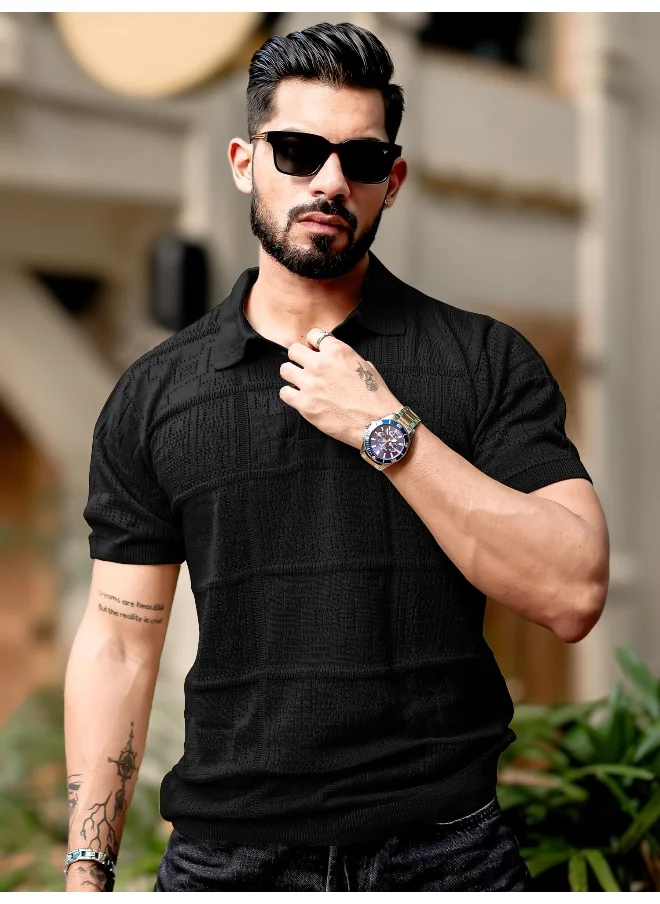 Maniac Maniac Mens Half Sleeve Black PointNet Flat Knit Cotton Polo T-Shirt