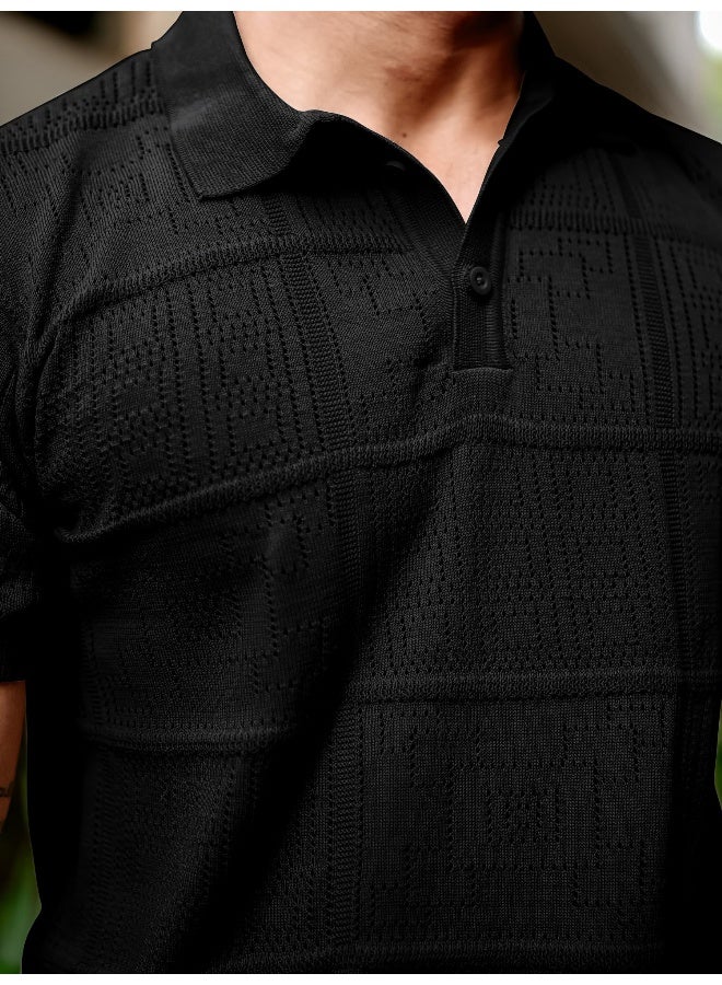 Maniac Maniac Mens Half Sleeve Black PointNet Flat Knit Cotton Polo T-Shirt  - Image 4