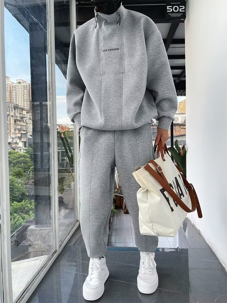 Trendy Mens Zip-up Hoodie and Pants Set for Fall Gray  - Image 1
