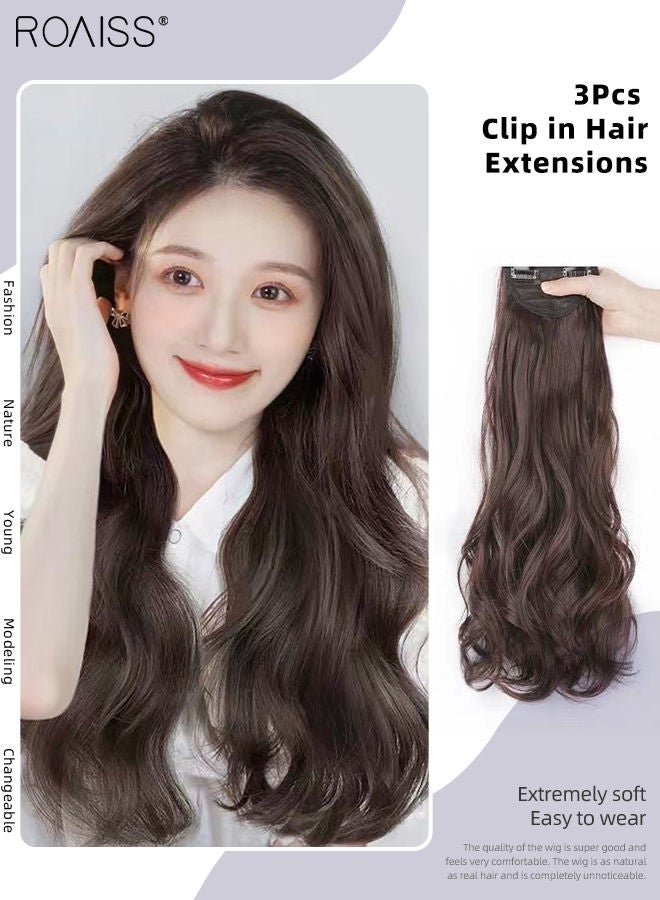 roaiss 3Pcs Clip in Hair Extensions, Invisible Adjustable Long Wavy Synthetic Heat Resistant Hairpieces for Women Girls, Dark Brown, 60cm - Image 1
