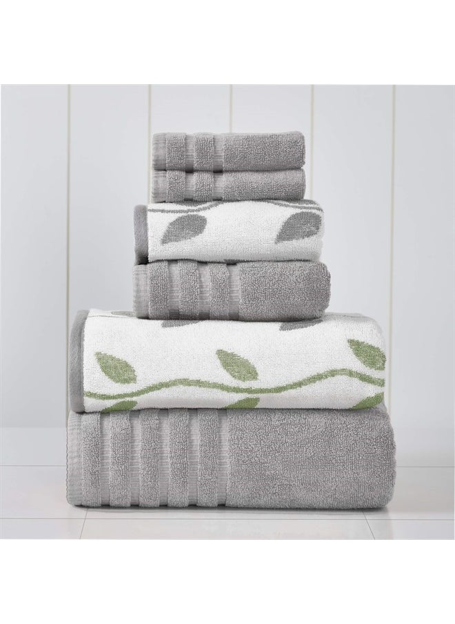 Modern Threads 6-Piece Yarn Dyed Organic Vines Jacquard/Solid Ultra Soft 550GSM 100% Combed Cotton Set 2 Bath Hand Towels 2 Washcloths, Standard, Grey  - Image 1