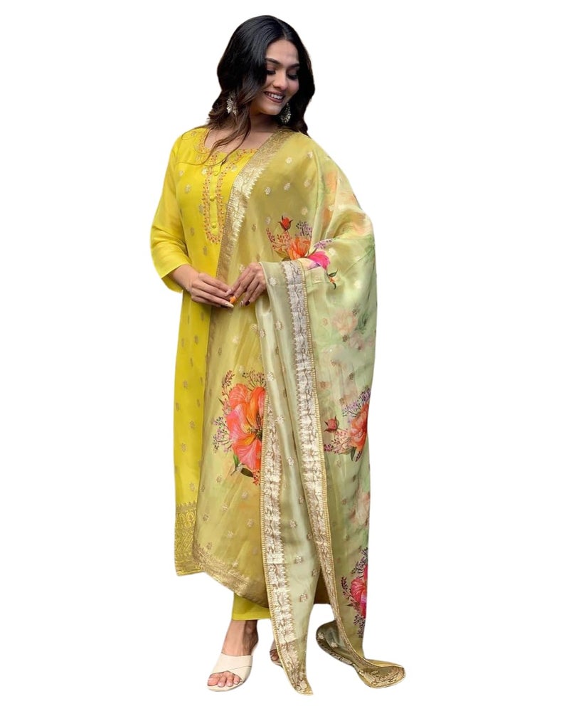 Shiv Textiles Women's Viscose Rayon Embroidered Kurta Pant Dupatta Set(JDA-KRITIKA-Yellow-XL) - Image 1