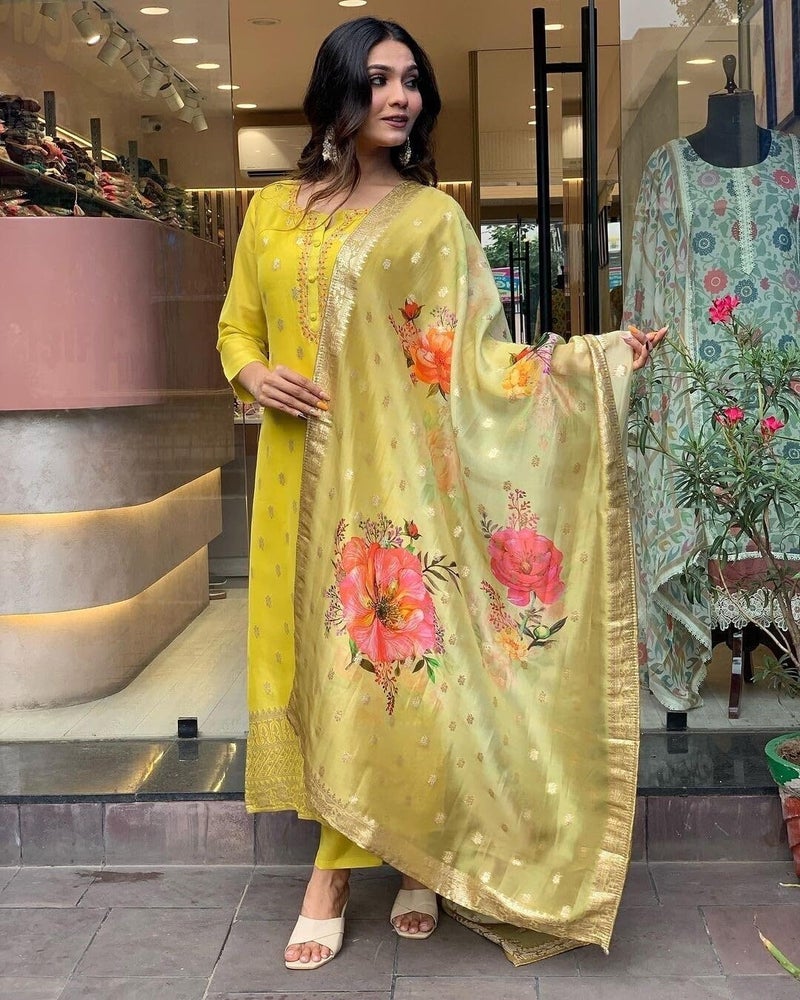 Shiv Textiles Women's Viscose Rayon Embroidered Kurta Pant Dupatta Set(JDA-KRITIKA-Yellow-XL) - Image 5