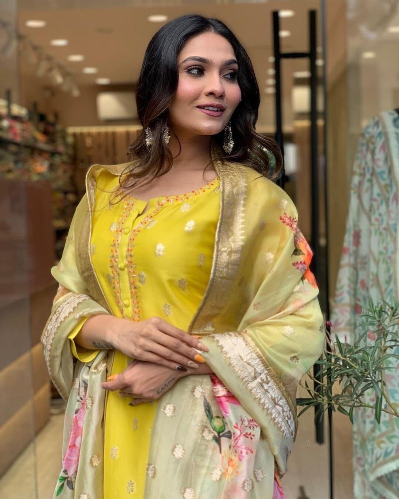 Shiv Textiles Women's Viscose Rayon Embroidered Kurta Pant Dupatta Set(JDA-KRITIKA-Yellow-XL) - Image 2