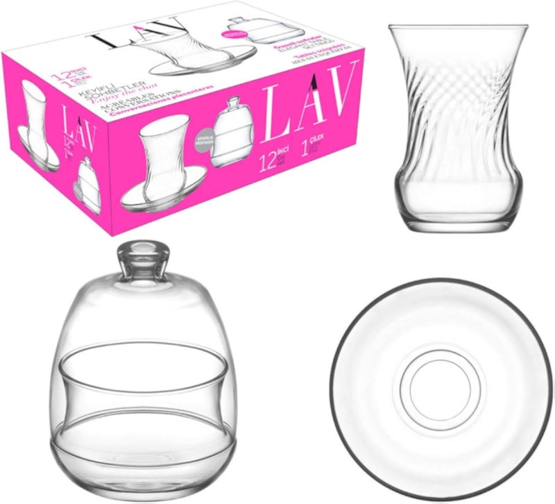 طقم شاي تركي من لاف إنسي / 12 قطعة تشمل صحونًا ووعاء سكر زجاجي / تصميم أنيق، علامة تجارية موثوقة، شكل جذاب