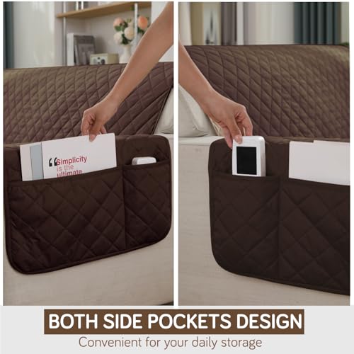 HOKIPO Polyester Quilted Waterproof Sofa Cover Mat for 3 Seater Sofa with Pockets on Armrest Cover - Brown (AR-5254-BR) - Image 4