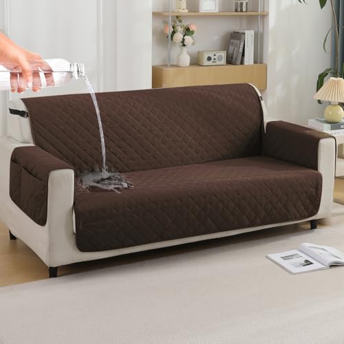 HOKIPO Polyester Quilted Waterproof Sofa Cover Mat for 3 Seater Sofa with Pockets on Armrest Cover - Brown (AR-5254-BR) - Image 1
