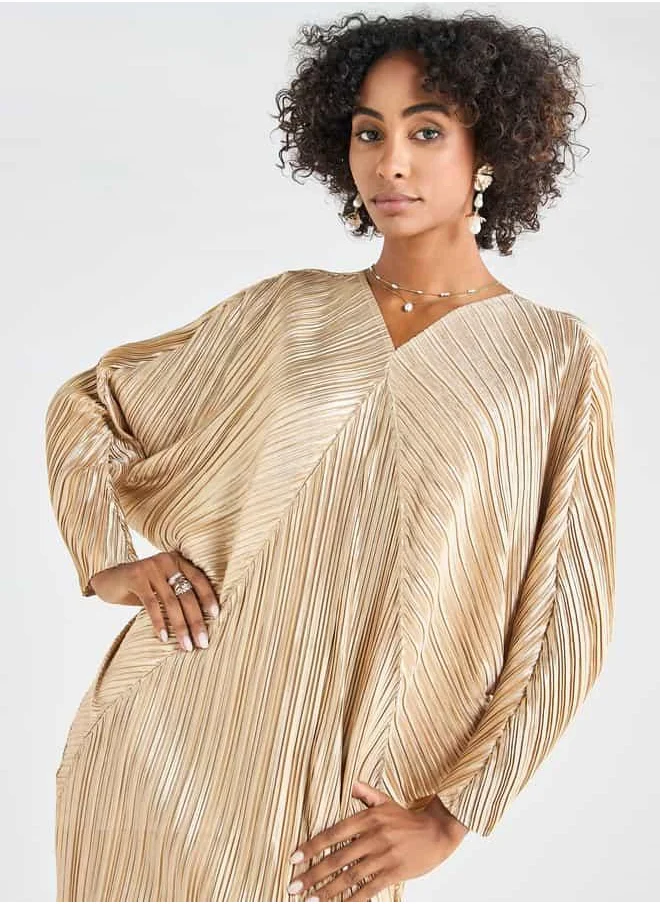 Splash FAV All-Over Pleated V-neck Dress with Extendable Sleeves